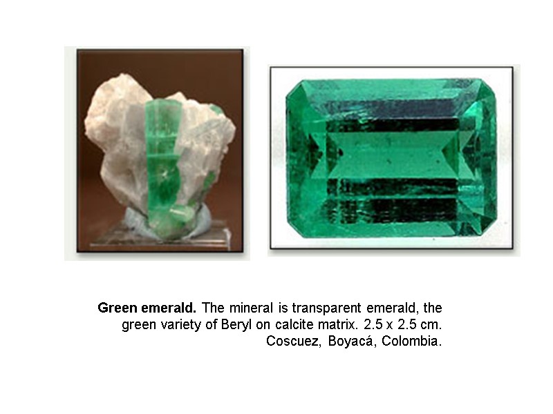 Green emerald. The mineral is transparent emerald, the green variety of Beryl on calcite
